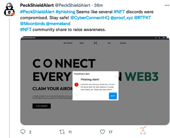 PeckShield：Moonbirds等多个NFT项目的Discord疑似遭遇攻击