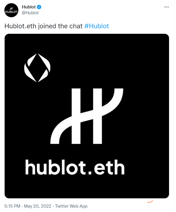 瑞士奢侈手表品牌Hublot发推展示ENS域名&ldquo;Hublot.eth&rdquo;