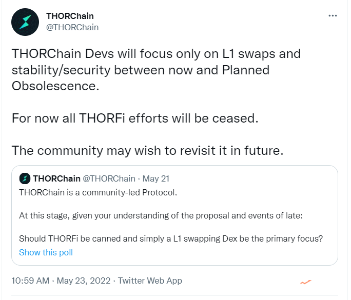 THORChain：将停止所有THORFi开发，专注于Layer1 DEX