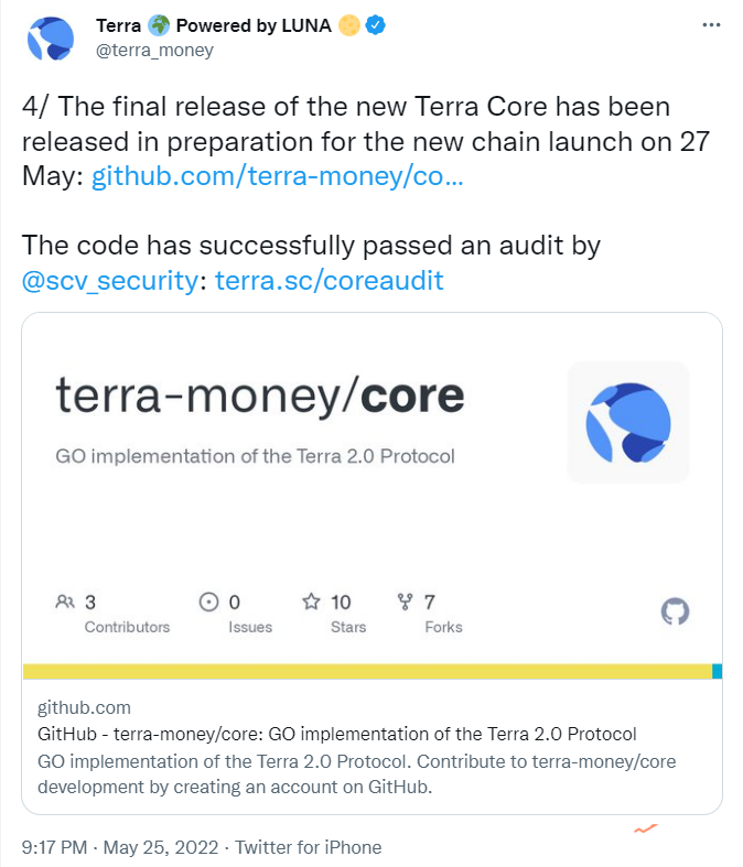 Terra：新Terra Core最终版本已发布，以在5月27日启动新链