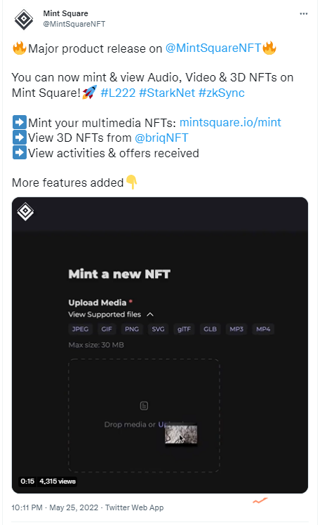 Mint Square新增支持铸造语音、视频和3D NFT